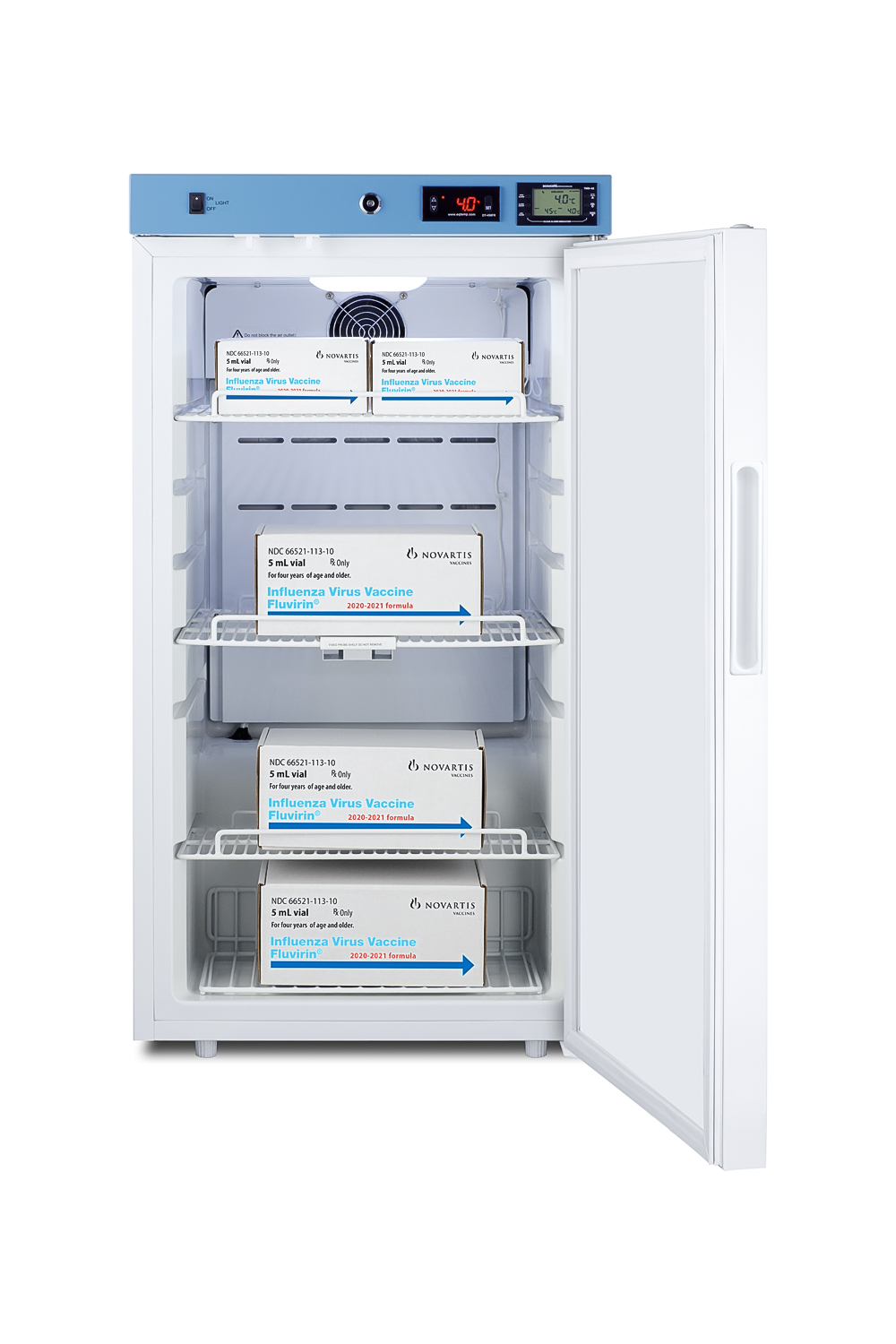 Healthcare all-refrigerator certified to NSF/ANSI 456 with self-closing solid door, front lock, digital controls, and NIST calibrated temperature readout